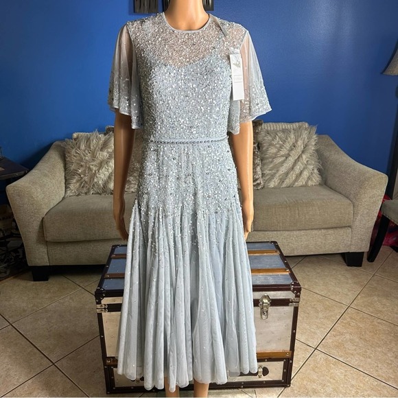 Mac Duggal 93655 Powder Blue Cape Sleeve Beaded Tea Length A-Line Dress 6 NWT - Picture 2 of 16